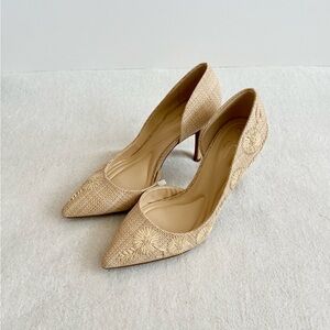 Jessica Simpson Beige Woven Floral Embroidered Pointed Toe Pumps Heels Size 8.5